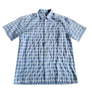 Vintage Y2K Point Zero Gingham Shirt Mens M Blue Textured Button Up Summer Beach